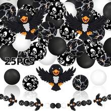 25/28PCS 3D Dark Raven Combination Silicone Bead Set, Includes Top Hat Raven And Spread Wing Cartoon Raven Shapes, Gothic Style, With 15mm Black Flower And Gray Striped Printed Beads, Black And Pearl Gray Beads Combination, Fashionable Design, Jewelry Making Beads, Ideal For DIY Bracelets, Lanyards, Pen Accessories, Holiday Decorations And Other Handicrafts - Perfect Gift For Holidays And Birthdays - Dark Raven Series - View 15