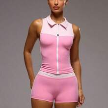 Sport Contrast Zip Through Sleeveless BBL Vest Jacket Only Sport Workout Gym Pilates Fitness Daily Girly Casual Hot Sweat Summer - Rosa Fucsia - Ver 5