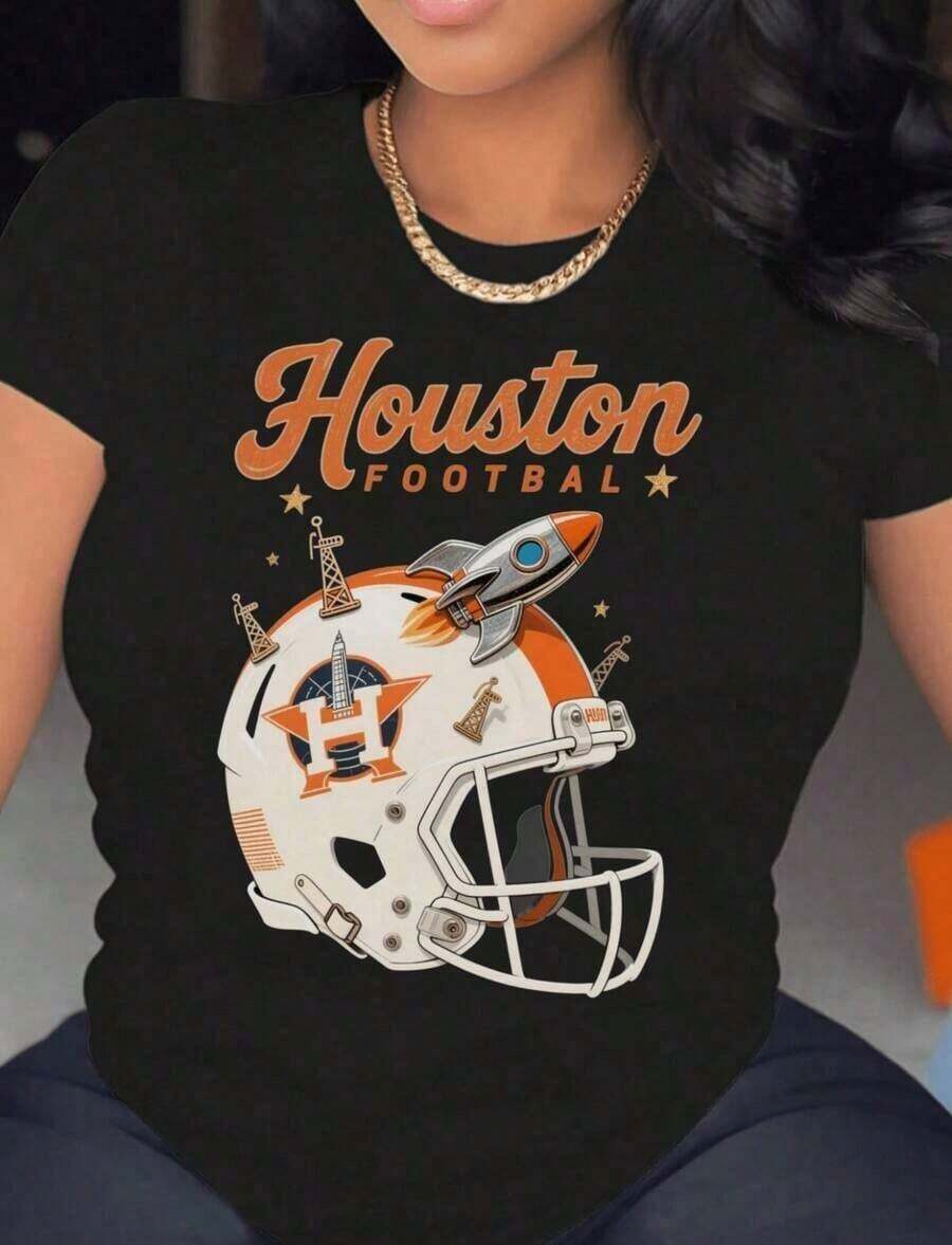 Aggies Women's Casual T-Shirt With Modern Print, Football Texas Atm Helmet Star, Suitable For All Seasons - 100% Cotton - 8 - 查看 1