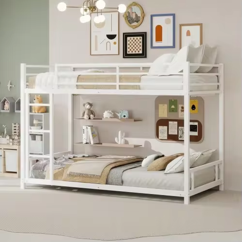 Litera metálica con dos camas individuales / Metal resistente y estable / Bajo nivel de ruido / Barandilla de  / No requiere somier - Blanco - Añade 4