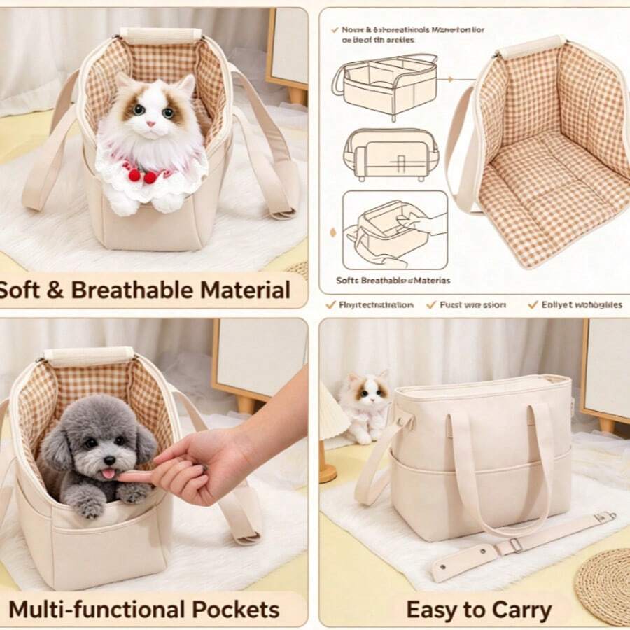 Bolsa Transportadora de Gato de Alta Qualidade no Estilo INS, Bolsa Portátil com Tela Respirável, Bolsa Transportadora de Animais de Estimação com Alça e Tiracolo Adequada para Cachorros Pequenos - Bege - Visão 1