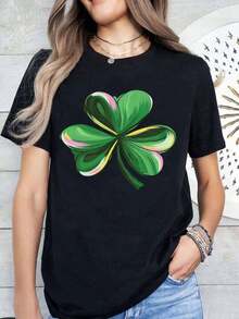 Women's Fashionable And Luxurious St. Patrick's Day Shamrock T-Shirt, Casual Lucky Shamrock Graphic Tee For St. Patrick's Day Celebration, Everyday Wear - 黑色 - 查看 3