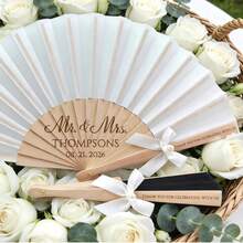 10-100pcs Customized Wedding Hand Fans, Customizable Engraved Folding Silk Fans, Suitable For Wedding Ceremony Guests, Wedding Party Favors - White - View 4