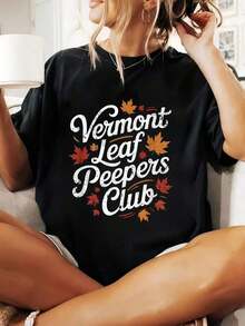 Vermont Leaf Watchers Club 100% Cotton T-Shirt With Fun Autumn Leaf Print, For Men And Women, Soft And Breathable, Classic Style, Summer Fashion, Round Neck, Short Sleeve, Casual For Daily Wear, Excellent Gifts For Friends And Family, 100% Cotton T-Shirts, Youthful And Modern Design, Casual Blouses For Women. - 黑色 - 查看 1