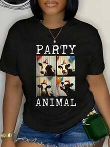 100% Cotton T-Shirt With Cow Face Print, Fun Farm Animal Party T-Shirt For Men And Women, Soft, Breathable, Classic, Fashionable, Summer, Crew Neck, Short Sleeve, Casual, For Everyday Wear, Excellent Gifts For Friends And Family, 100% Cotton T-Shirts, Youthful And Modern Design, Casual Blouses For Women - 黑色 - 查看 6