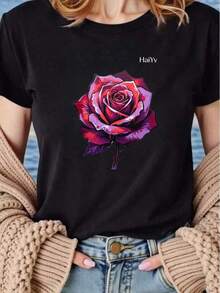 Limited Time Offer, Limited Quantity Available, Flash , Women's Shirts, Women's T-Shirts. Women's Oversized Black T-Shirt, Short Sleeve Round Neck, Purple And Red Graffiti Rose Print, Dark Romantic Casual Style For Everyday Wear - 黑色 - 查看 4