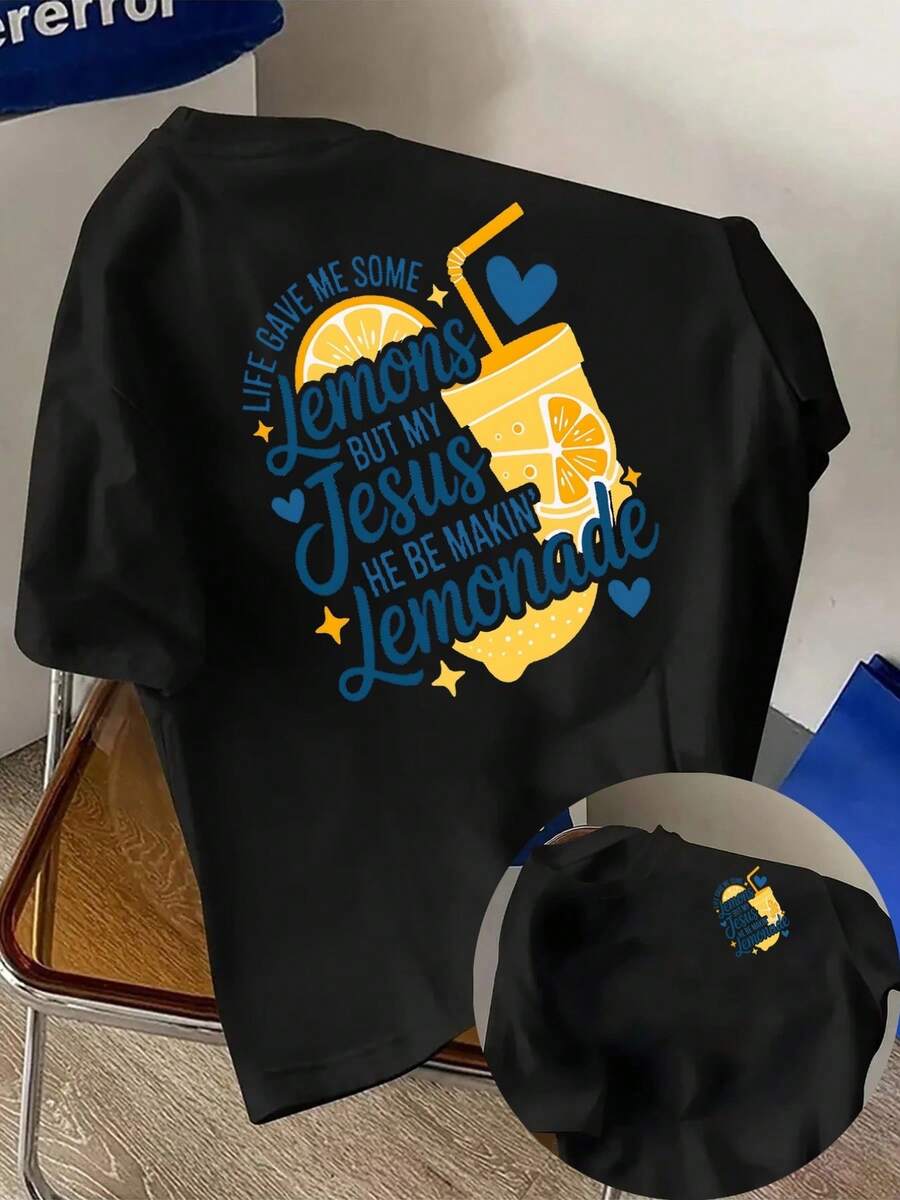 New Men's T-Shirt, 180g Weight, % Cotton, Inspirational And Motivational, With Lemonade Print On The Front And Back, A Modern Short-Sleeved T-Shirt, Suitable For Casual Daily Wear And Outdoor Fitness Activities, With A Unique Double-Sided Pattern Design - To Be Layered In Spring And Autumn Or Worn Alone In Summer, Unisex Style. - 黑色 - 查看 1