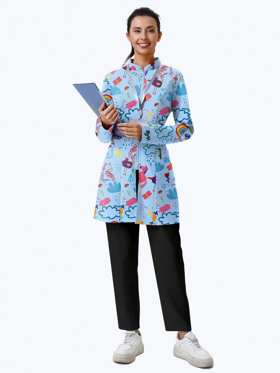 cimmuovere Women's Printed Zip-Front Scrubs Jacket With Dual Pockets, Workwear For Nurse, Dentist, Healthcare, Pet Hospital, Laboratory Vacation - Baby Blue - View 1