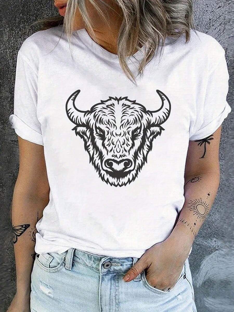 Soft And Breathable Cotton T-Shirt For Women, Casual Daily Wear, 200g, Plus Size 1XL-5XL, With Classic Letter Print, Short Sleeve, Casual, Suitable For All Seasons, Elegant Blouses For Women. - 白色 - 查看 1