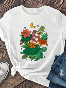 Women's Casual Top. Short-Sleeved Athletic T-Shirt With A Floral And Turtle Print, Round Neck, Regular Length, Casual Short-Sleeved Top. A Must-Have For Everyday Casual Wear. - 白色 - 查看 8