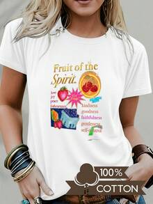 Women's Round Neck T-Shirt With Anime Letter Print, Simple Design, Comfortable And Breathable, Suitable For Casual Daily Wear, Showing A Natural And Elegant Style, A Must-Have For Summer Parties, Local Shipping, Gold Text Fruit Of Spirit Strawberry Pink - Unisex Loose Cotton Short Sleeve Round Neck T-Shirt, Urban Vintage Style. - 白色 - 查看 1