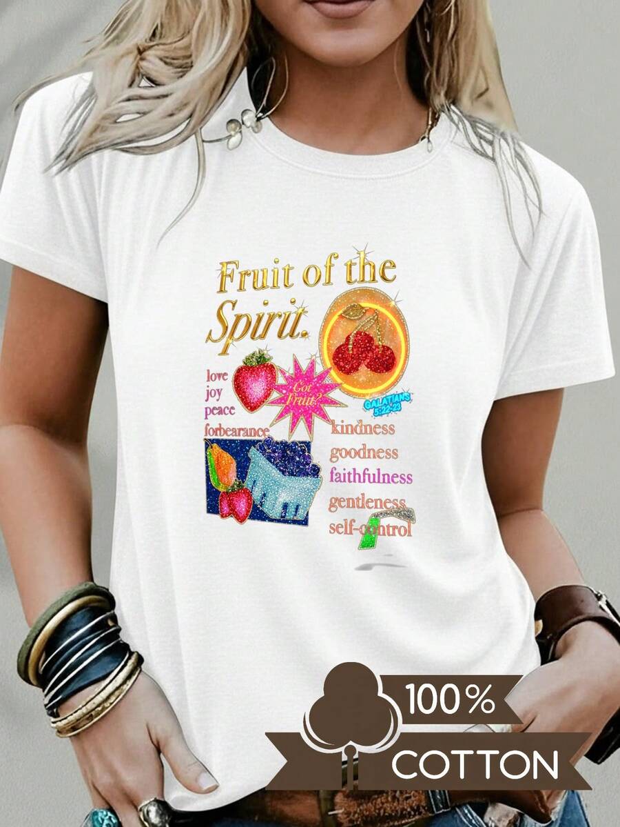 Women's Round Neck T-Shirt With Anime Letter Print, Simple Design, Comfortable And Breathable, Suitable For Casual Daily Wear, Showing A Natural And Elegant Style, A Must-Have For Summer Parties, Local Shipping, Gold Text Fruit Of Spirit Strawberry Pink - Unisex Loose Cotton Short Sleeve Round Neck T-Shirt, Urban Vintage Style. - 白色 - 查看 1