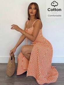 Vestido a media pantorrilla con tirantes a cuadros para mujeres, de moda y apropiado para el verano - Naranja - Ver 2