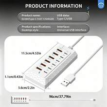 66W 12-Port USB Charging Station, 6 USB + 6 Type-C Fast Charging Adapter Hub For Smartphones, Tablets, Watches, Earphones - View 2