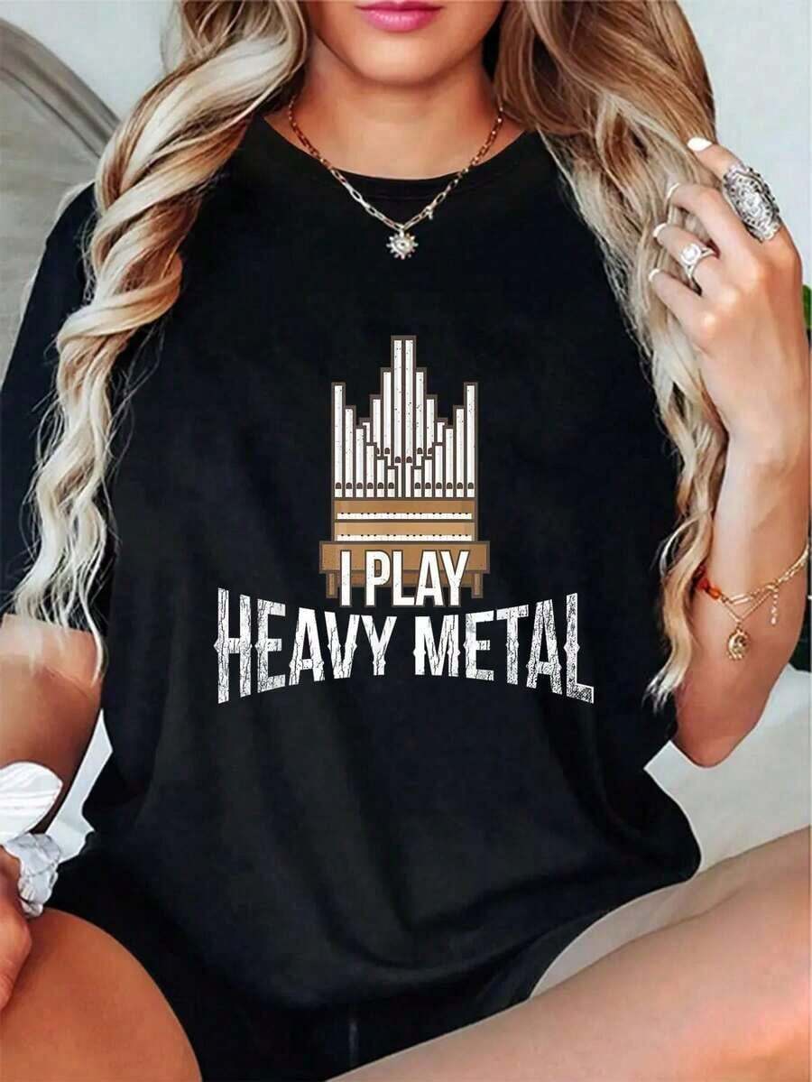 Casual T-Shirt 100% Cotton, 'I Play Heavy Metal' Print - Organic, Unisex T-Shirt - 黑色 - 查看 1