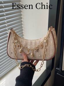 1pc Beige Summer New Shell Chain Decor Solid Color PVC Straw Baguette Bag, Women's Shoulder Beach Vacation Bag (Shell Shape Random, Not Fixed) - Beige - View 8
