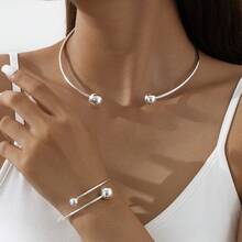 Bộ trang sức vòng cổ và vòng tay hở cổ sang trọng, thiết kế hai quả cầu, tông màu bạc, những món đồ hoàn hảo để phối nhiều lớp dành cho phái nữ. - Bạc - Xem 8