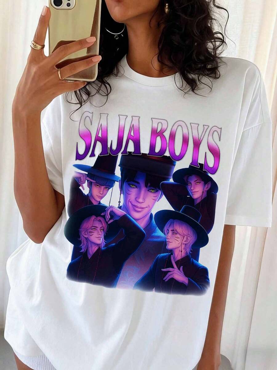 D-DemonSS H-HuntersS Retro 90s Oversized Black Graphic T-Shirt S-SajaSS Boys Abby Webtoon Group Bootleg - White - View 1