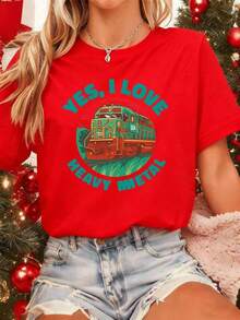 100% Cotton. Graphic Locomotive T-Shirt, 100% Cotton, Crew Neck, Loose Fit, Comfortable And Casual. Women's Simple Solid Color T-Shirt, Loose And Slim Fit Casual Short Sleeve - 紅色的 - 查看 7