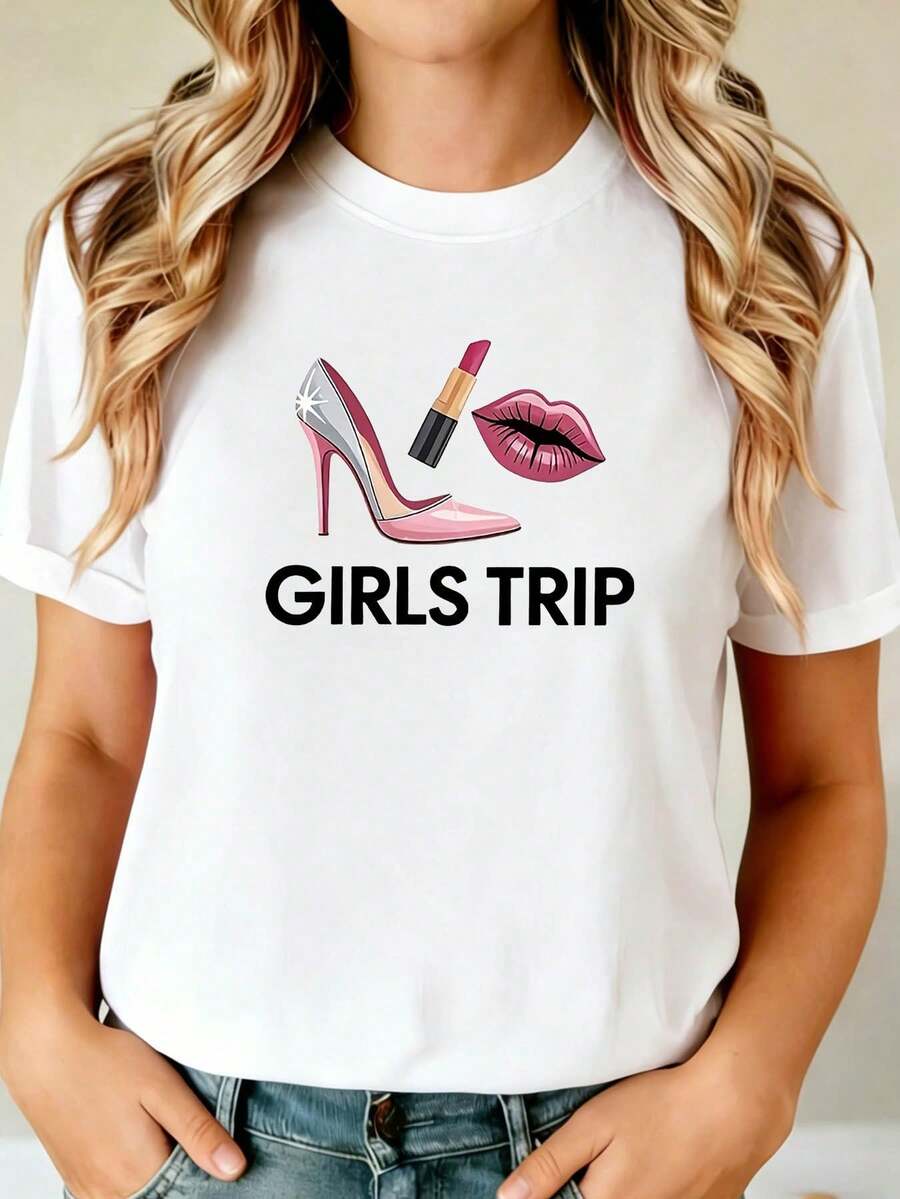 Women's Plus-Size Casual And Comfortable T-Shirt With A Round Neck, Perfect For Spring/Summer. Features A High Heels And Lipstick Print, Ideal For Girls' Trips. Stylish Everyday Wear. Perfect For Girls' Trips, Getaways, Get-Togethers, And Travel Outfits. Short Sleeves. - 白色 - 查看 1