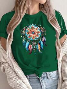 Women's Short-Sleeved T-Shirt With Front Print, Comfortable And Breathable Fabric, Casual Sporty Style, Suitable For Everyday Casual And Athletic Wear In Summer. OL0L 100% Cotton - 綠色的 - 查看 1