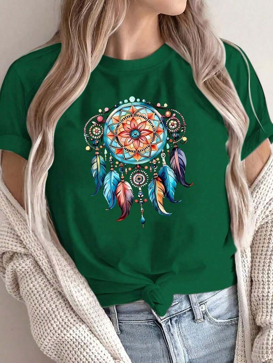 Women's Short-Sleeved T-Shirt With Front Print, Comfortable And Breathable Fabric, Casual Sporty Style, Suitable For Everyday Casual And Athletic Wear In Summer. OL0L 100% Cotton - 綠色的 - 查看 1