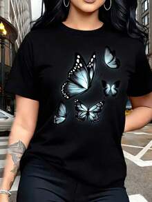 Women's Casual T-Shirt With Butterfly Motif - Sporty Casual Style, Short-Sleeved T-Shirt With Round Neck, Comfortable And Breathable, Fashionable, Easy To Match, Soft To The Touch, Printed Design, Creative Digital Print For Spring And Summer - Unisex Loose-Fitting Cotton T-Shirt With Short Sleeves And Round Neck, Urban Vintage Style. 100% Cotton - 黑色 - 查看 1