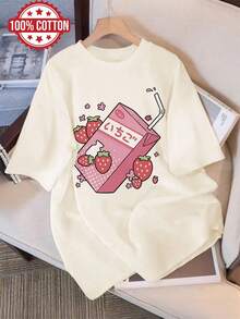 Women's Summer Clothes, Casual Blouses For Women, Cute Style, Strawberry Milk Carton Print, Short Sleeve, Round Neck, Pure Cotton T-Shirt[LangK]Women's Blouses - 杏色 - 查看 7