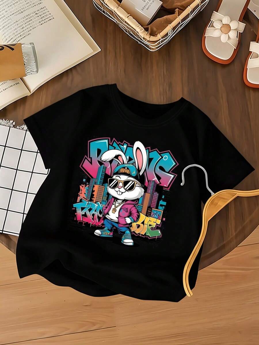 Women's Short Sleeve T-Shirt, Graffiti Style, Hip-Hop Rabbit Print, Casual Black Crew Neck T-Shirt, Elastic, Machine Washable, Suitable For Sports And Leisure In Spring/Summer/Autumn. - Black - View 1