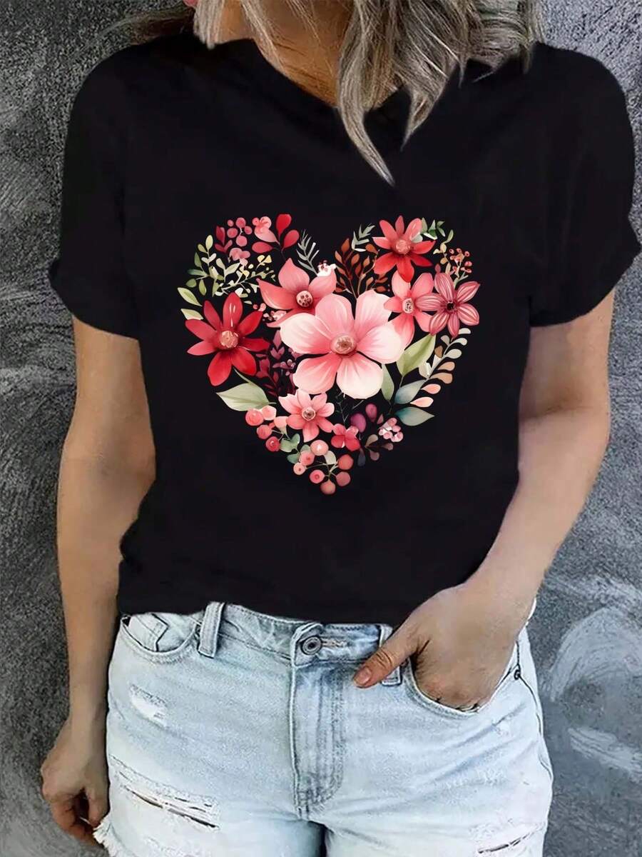 Heart-Shaped Bouquet, Watercolor Floral Print, Women's Casual Short-Sleeve T-Shirt, Comfortable Fit, Matching Sets For Sisters, Outdoor Travel Essential, Women's T-Shirt, Spring/Summer T-Shirt. - 黑色 - 查看 1