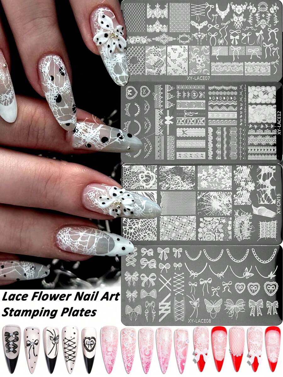 1 pezzo Piastre per stencil per unghie con fiocco da ballerina francese - Disegno in pizzo e farfalla consumata, Modelli per timbro unghie riutilizzabili in acciaio inossidabile per manicure - Multicolore - Visualizzare 1