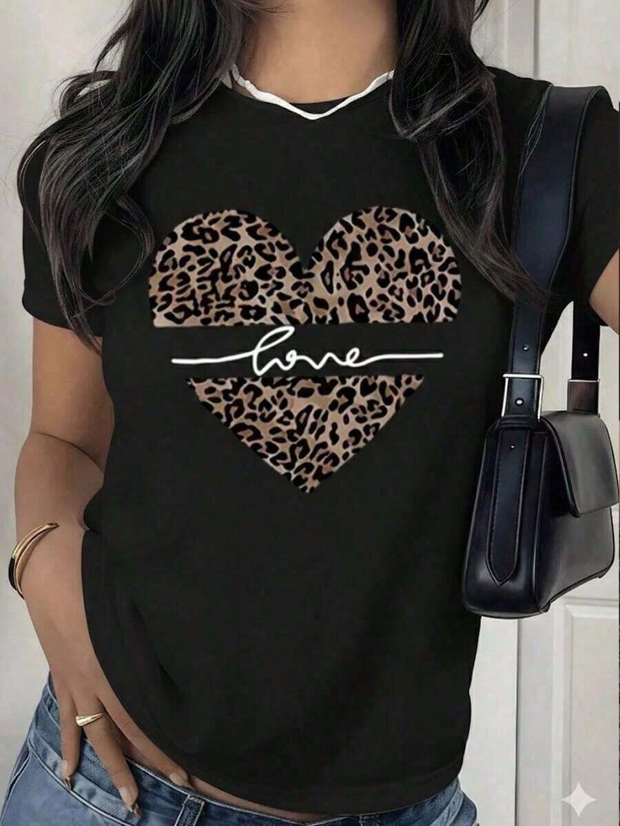 Women's White Short-Sleeve T-Shirt With Leopard Heart, Love Quote And Animal Print T-Shirt, Boho And Modern Style Blouse, Casual Top For Women's Gift Or Everyday Wear, Pretty Blouses, 100% Cotton - 黑色 - 查看 1