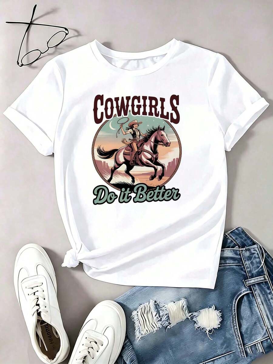 Women's White T-Shirt With Graphic Print Of Cowgirl Riding A Horse And Western Lettering, Casual Short Sleeve Crew Neck Retro Cowboy Style T-Shirt, Loose Blouse For Summer, Daily And Casual Outfit - 白色 - 查看 1