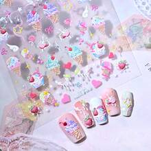 Dopamine Sweetheart Nail Stickers, Ice Cream & Heart Design, Summer Nail Art Decor - Multicolor - View 9