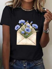 1 Piece Casual Fashion Men's And Women's T-Shirt - Bohemian Style With Floral Print And Envelope - Soft And Breathable Upper, Suitable For Daily And Formal Wear - Casual Crew Neck Loose Fit T-Shirt, Women's Summer Wear, Loose Fit T-Shirt, Comfortable Fabric, Spring Fashion, Geometric Print, Lightweight T-Shirt, Short Sleeve T-Shirt, For Fashion Enthusiasts. E2OA Is Versatile, Easy To Match, Suitable For Daily Wear, Street Style, Vacation Outfits, And Weekend Wear. - 黑色 - 查看 2