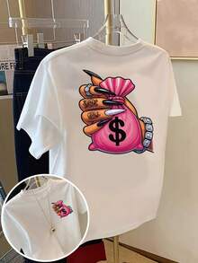 | Exquisite Design | Loose And Comfortable | Easy To Match | Double-Sided Printed T-Shirt With Money Bag Design, Luxurious Style Print, Round Neck, Casual Short Sleeves For Women, Skin-Friendly Fabric, Classic Design, Spring And Summer Top, A Must-Have Fashion Item For Women. - 白色 - 查看 7