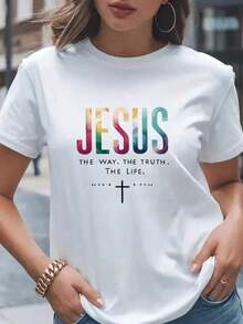 White T-Shirt With Jesus, The Way, The Truth, The Life And Rainbow Cross Print, Christian Declaration Of Faith, Casual Women's Clothing, Everyday Wear, Church Events, Casual Short Sleeve T-Shirt - 白色的 - 查看 7