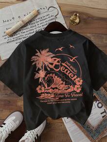 | Exquisite Design | Loose And Comfortable | Easy To Match | [Double-Sided Print] Women's Summer Casual T-Shirt, Vacation Style, Coconut Tree Print, Ocean Wave, Beach, Round Neck, Short Sleeve Pure Cotton [LangK] - 黑色 - 查看 3