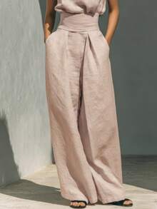 Linen Blend 2-Piece Outfit, Sleeveless High Neck Top & Wide Leg Pants With Waist Belt, Casual Summer Set - 粉色 - 查看 3
