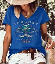 Nueva Llegada 2026: Camiseta de Mujer con Estampado Vintage 'Journey Departure' de 1980, Moda Casual de Manga Corta, Ajuste Cómodo para Verano 2026, Cuello Redondo, Tela Suave y Transpirable, 100% Algodón, para Uso Diario, Camiseta con Estampado Gráfico. - Azul 1 - Ver 6