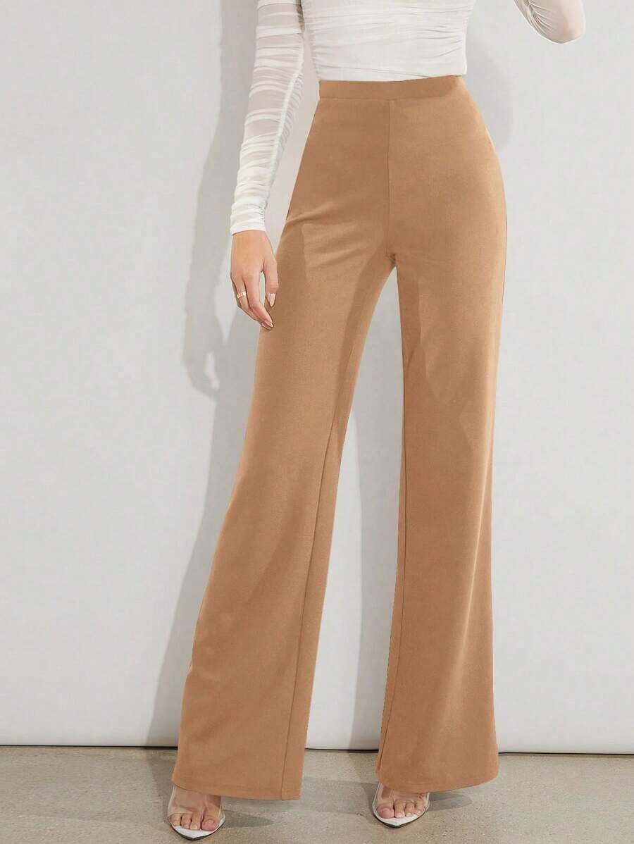 Pantalones de pierna ancha unicolor de talle alto - Camel - Ver 1