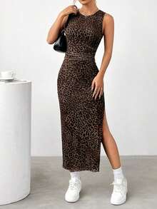 Vestido ceñido con abertura y estampado de leopardo gris sexy para mujer, moda de verano - Marrón - Ver 3