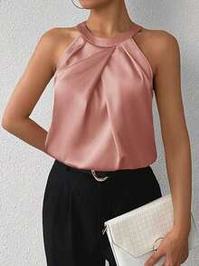 Blusa de crepé champán con cuello fruncido, sin mangas, elegante y sencilla para la oficina, para uso diario y de oficina - Rosa vieja - Ver 5