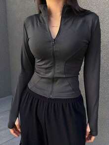 Chaqueta Ajustada Con Cierre De Cremallera Para Mujer - Gris Oscuro 2 - Ver 4