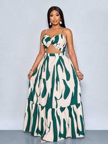 Vestido maxi elegante y casual para mujer de talla grande con estampado floral romántico, sin mangas, con cintura ceñida y nudo, tirantes de espagueti, para vacaciones en la playa, primavera y verano, para el verano en Hawái, vestidos de verano p - Verde Oscuro - Ver 5