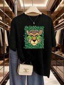 1 Piece Unisex Loose Fit T-Shirt 180g 100% Pure Cotton, Unique Y2K T-Shirt With Bold Leopard Design And Vibrant Green Print, Ideal For Highlighting Your Urban And Modern Style, Perfect For Any Occasion And In Mexico Ideal For Daily Use, Festivals, Concerts And All Seasons - 黑色 - 查看 6