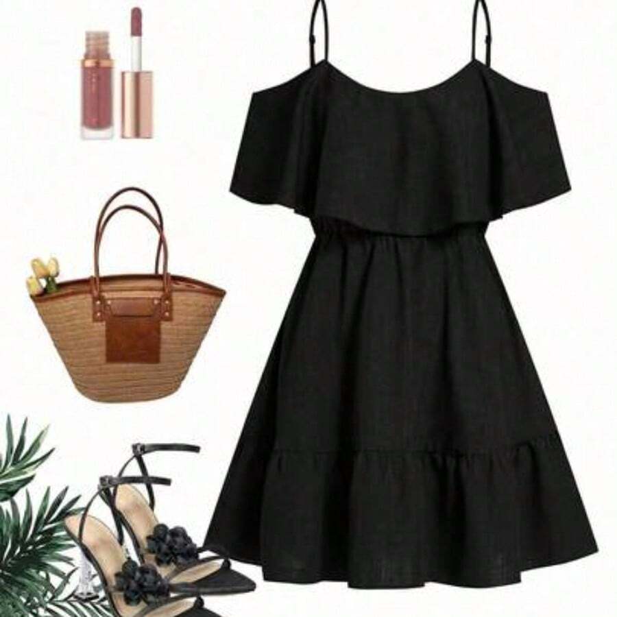 Vestido elegante de moda nuevo para mujeres con escote en el hombro, borde alto y cintura favorecedora, mini vestido ideal para vacaciones, salidas casuales, fiestas, meriendas y talla grande ocasiones de verano - Negro - Ver 1