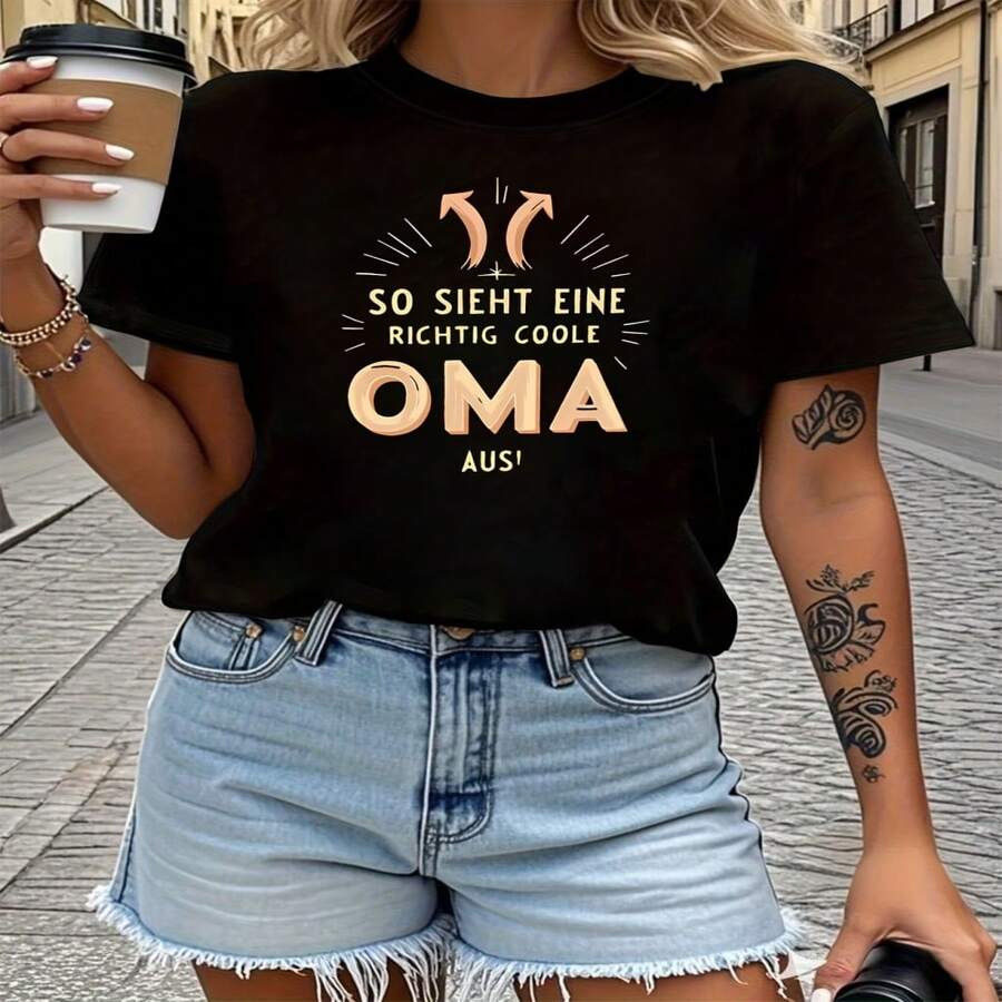 Camiseta informal de algodón con cuello redondo y manga corta para mujer con 'So Sieht Eine Richtige Coole Oma Aus!' Camiseta estampada y de gran elasticidad, de ajuste regular, perfecta para atuendos de verano - Negro - Ver 1