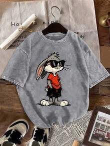 From WB Warner, Women's Retro Graffiti Style T-Shirt, Washed For A Distressed Look, Printed Design With Fashionable Glasses And Pocket, Casual Short Sleeve Crew Neck Jacket For Spring And Summer, Suitable For Daily Wear, Casual And Party - 灰色 - 查看 6
