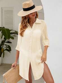 Swim Vcay Kimono unicolor con botón delantero bajo curvo - Albaricoque - Ver 3